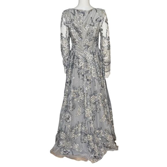 Mac Duggal 11185 Floral Long Sleeve A-Line Gown Platinum Women’s Sz 8 - Picture 7 of 13